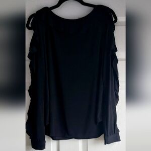 Ann Taylor Ruffle Long Sleeve Open Shoulder Ruffled Black Blouse Size Medium EUC